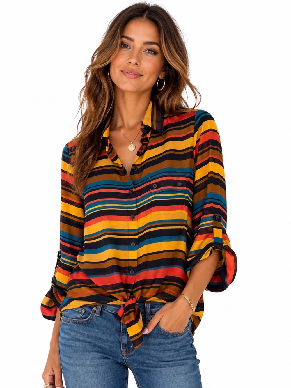 Anthropologie ($118) MINE Sheer Multi-Color Striped Tie-Front Blouse - PTP 19